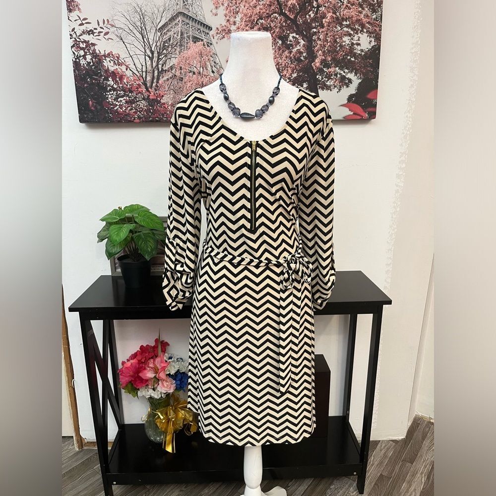 Tacera Women’s Dress Large Chevron Tie Waist V Neck With Zipper 3/4 Sleeve